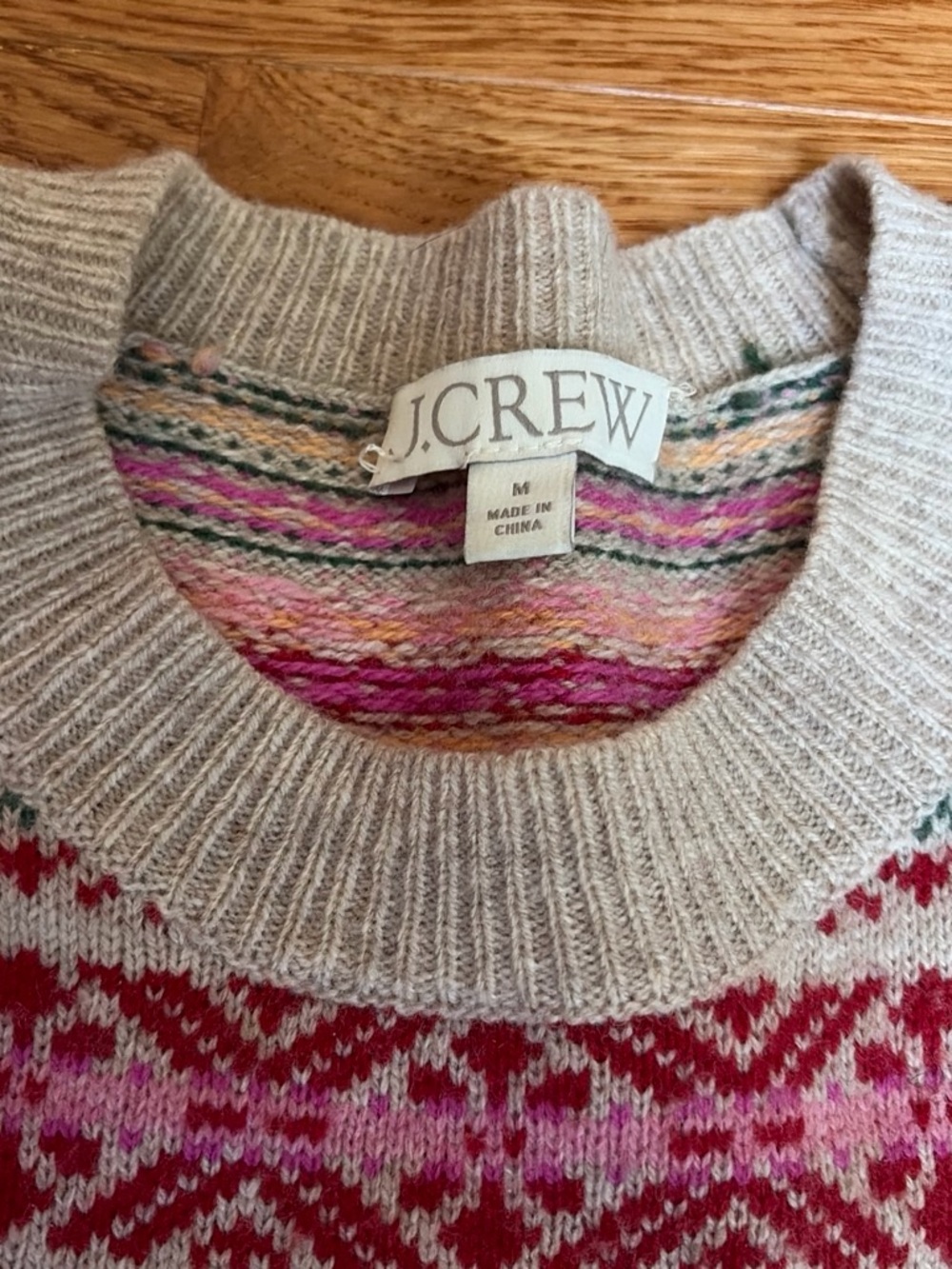 J. Crew Cream Fair Isle Crewneck Sweater with Pink, Red & Green Accents - Picture 2 of 3